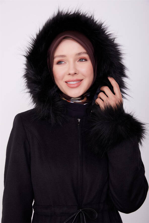 Armine Fur Collar and Hood Coat 23K8617 Black - 9