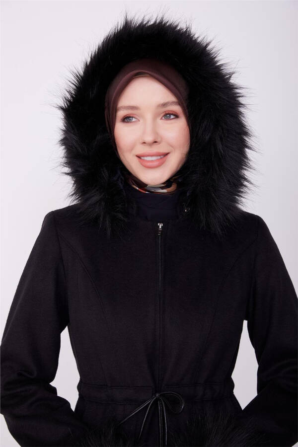 Armine Fur Collar and Hood Coat 23K8617 Black - 1