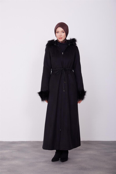 Armine Fur Collar and Hood Coat 23K8617 Black - 2