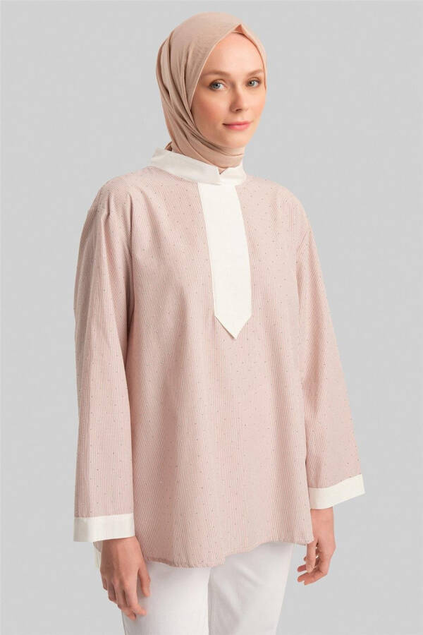 Armine Grograin va Toshlar bilan chiziqli Ko'ylak 24Y3556 Camel - 1