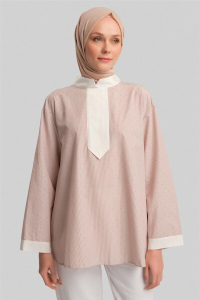 Armine Grograin va Toshlar bilan chiziqli Ko'ylak 24Y3556 Camel - 4