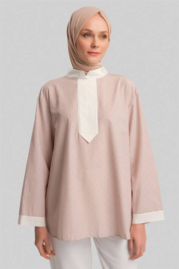 Armine Grograin va Toshlar bilan chiziqli Ko'ylak 24Y3556 Camel - 4