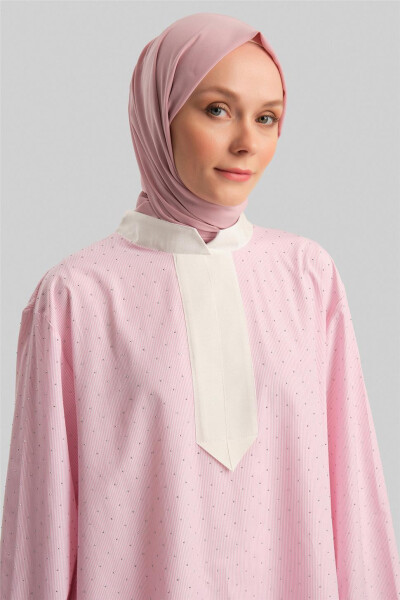 Armine Grograin va Toshlar bilan chiziqli ko'ylak 24Y3556 Pushti - 4