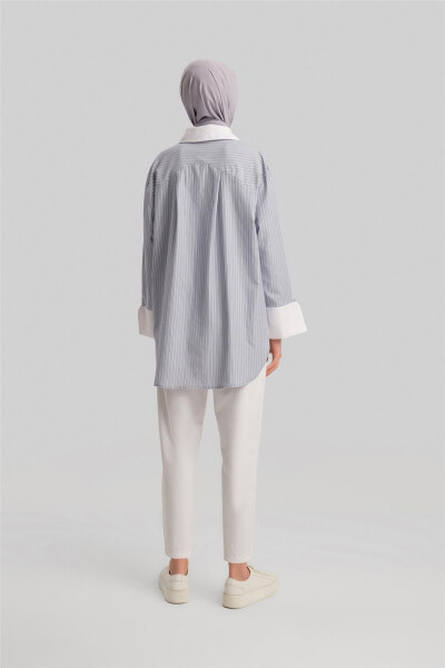 Armine Kalın Manşetli Çizgili Poplin Gömlek 24Y3554 Gri - 5