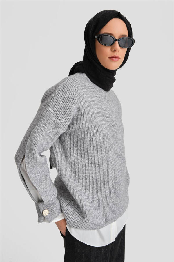 Armine Kolu Yırtmaç Detaylı Kazak 25KD4201 Gri Melanj - 3