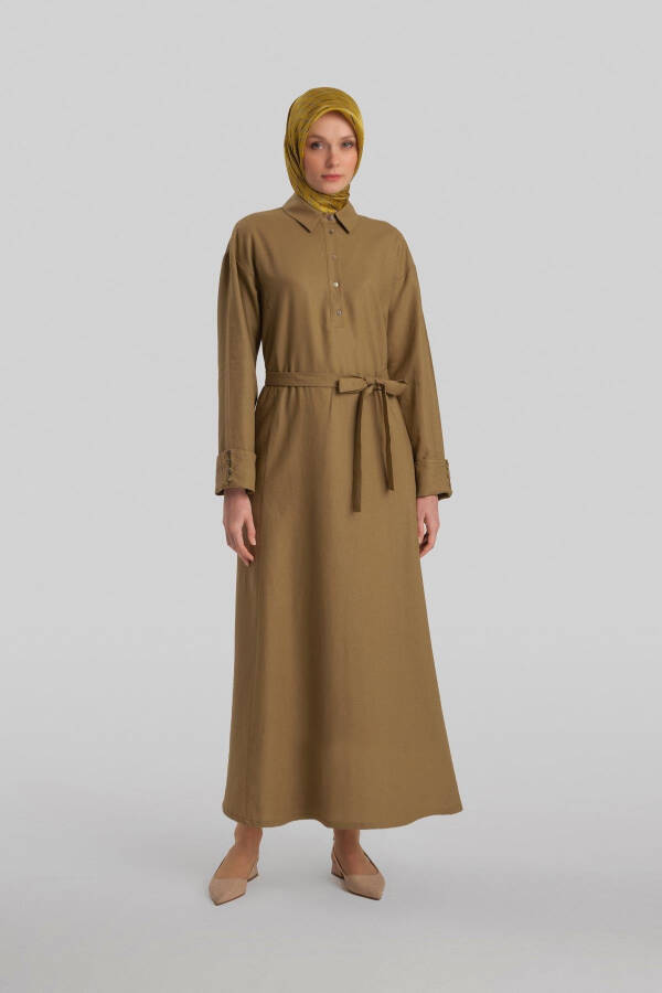Armine Linen Dress with thick cuffs, 24Y9830, olive color. - 7