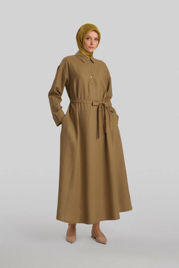 Armine Linen Dress with thick cuffs, 24Y9830, olive color. - 8