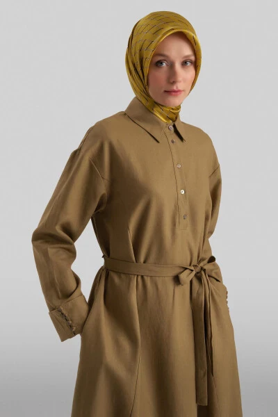 Armine Linen Dress with thick cuffs, 24Y9830, olive color. - 10