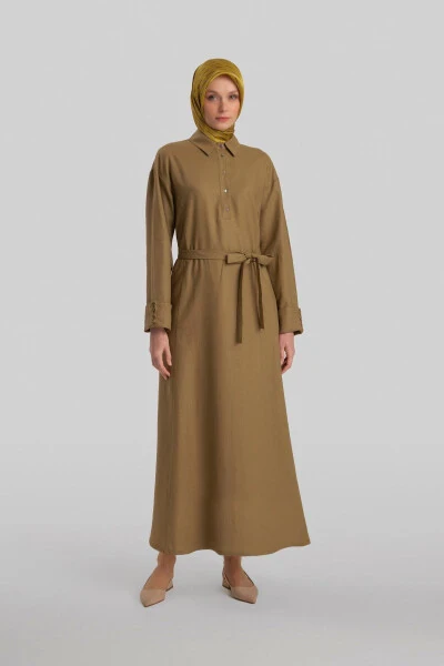 Armine Linen Dress with thick cuffs, 24Y9830, olive color. 