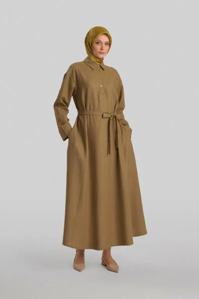 Armine Linen Dress with thick cuffs, 24Y9830, olive color. - ARMINE (1)