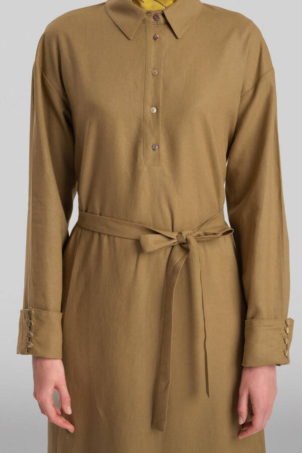 Armine Linen Dress with thick cuffs, 24Y9830, olive color. - 5