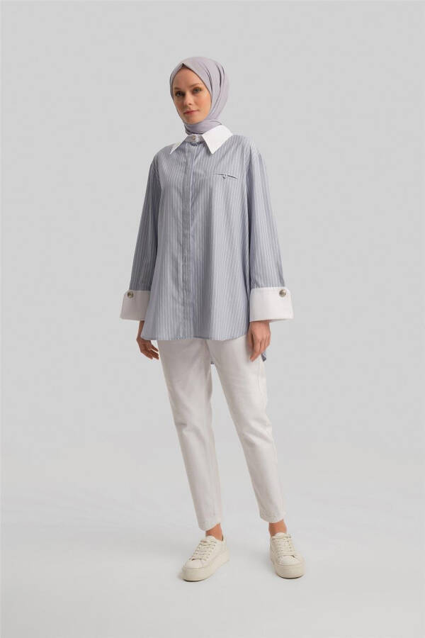 Armine qalin manjetli chiziqli poplin ko'ylagi 24Y3554 kulrang - 7