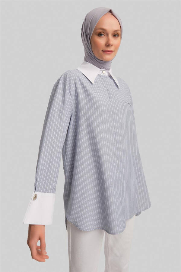 Armine qalin manjetli chiziqli poplin ko'ylagi 24Y3554 kulrang - 3