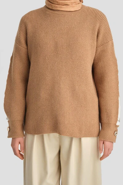 Armine Ribbed Knit Sweater with Side Slit Detail (24Kd4201) Camel - 12