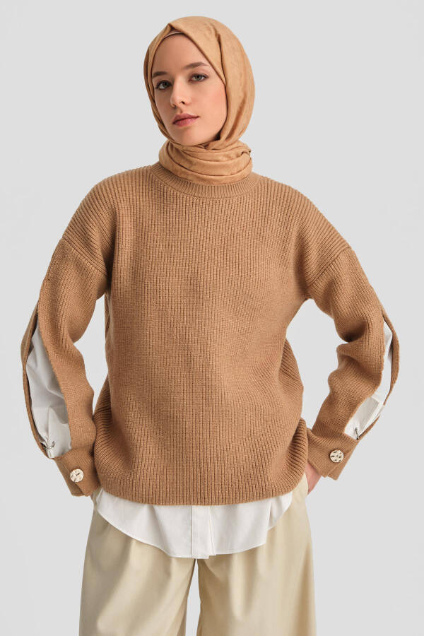 Armine Ribbed Knit Sweater with Side Slit Detail (24Kd4201) Camel - 1