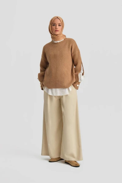 Armine Ribbed Knit Sweater with Side Slit Detail (24Kd4201) Camel - 3