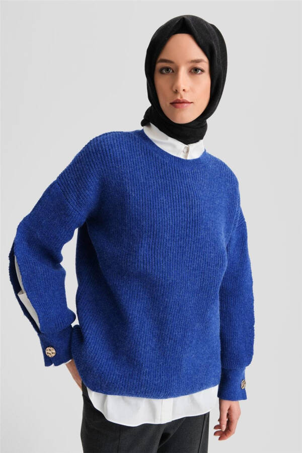 Armine Ribbed Knit Sweater with Sleeve Slit Detail (24Kd4201) Cobalt - 7