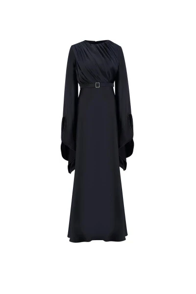 Armine Ruffled and Stone-Sleeved Evening Dress 24K9912 Black - 16