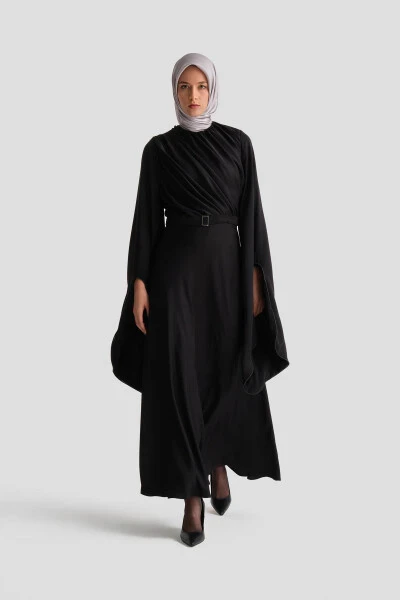 Armine Ruffled and Stone-Sleeved Evening Dress 24K9912 Black - 3