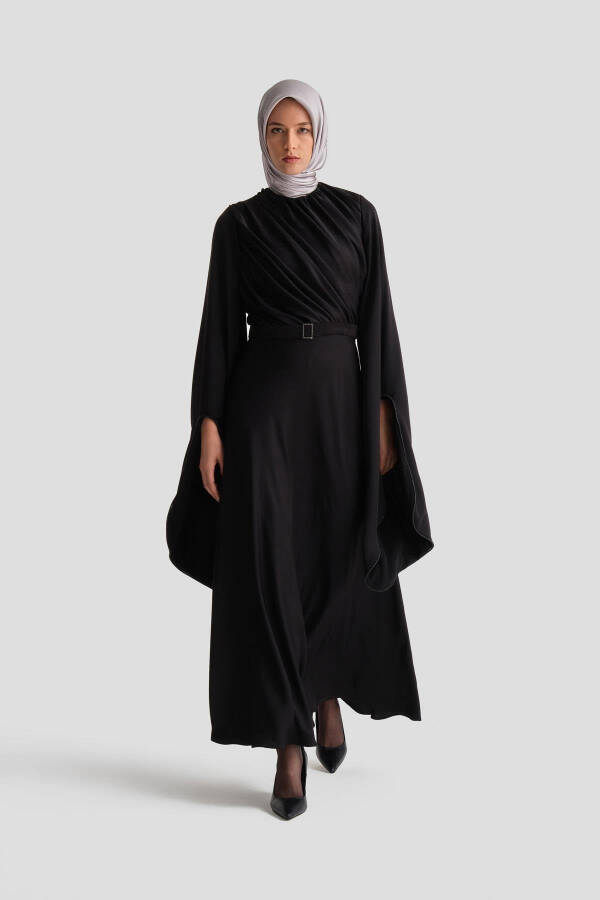 Armine Ruffled and Stone-Sleeved Evening Dress 24K9912 Black - 3