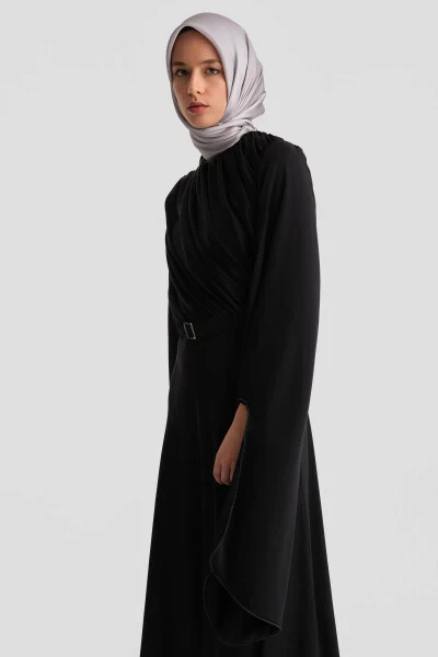 Armine Ruffled and Stone-Sleeved Evening Dress 24K9912 Black - 4