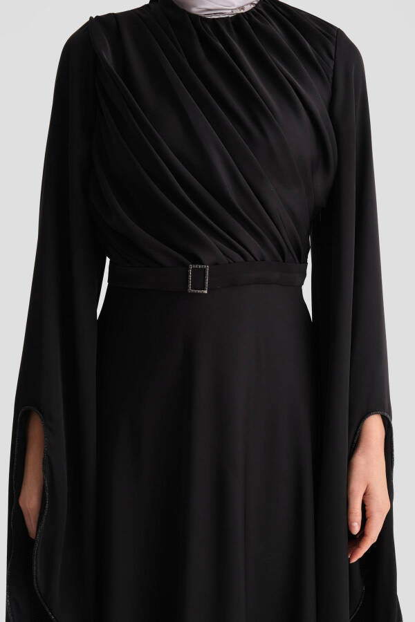 Armine Ruffled and Stone-Sleeved Evening Dress 24K9912 Black - 5