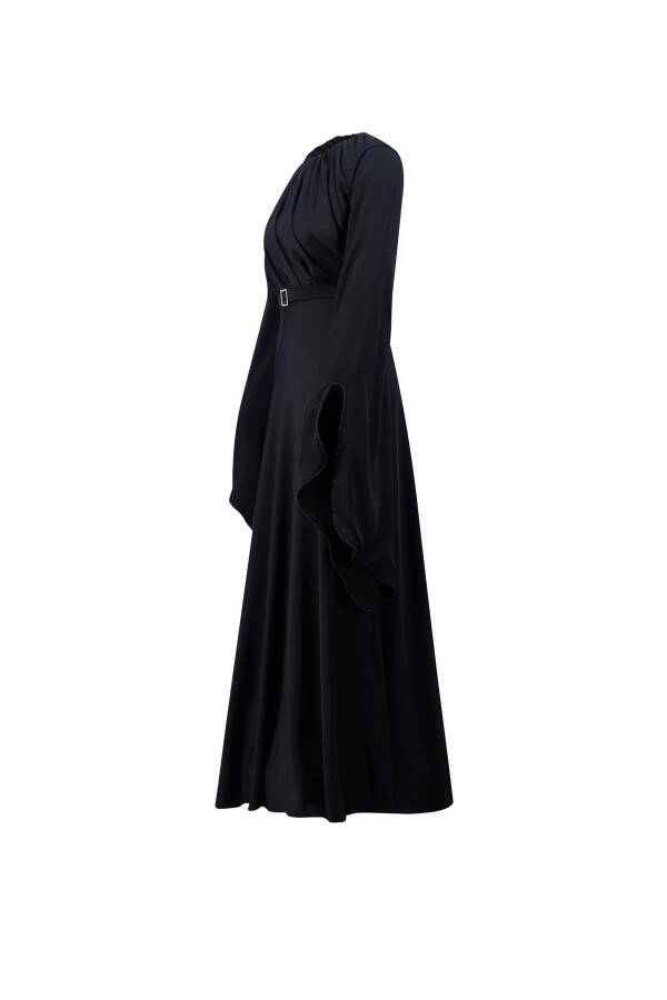 Armine Ruffled and Stone-Sleeved Evening Dress 24K9912 Black - 9