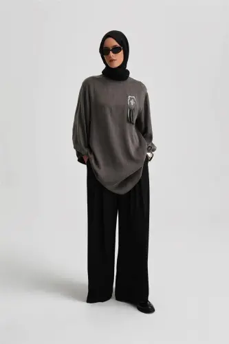 Armine Sequin Flower Appliqué Cupra Tunic 24K4303 Anthracite - 1