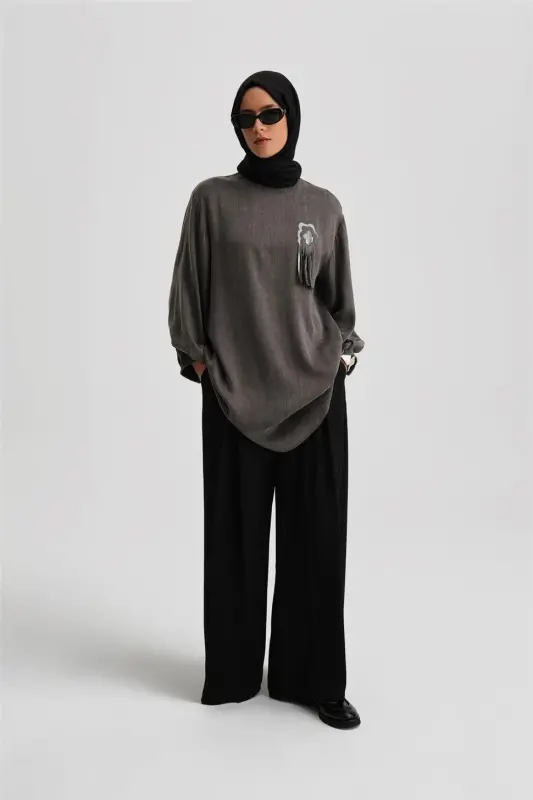 Armine Sequin Flower Appliqué Cupra Tunic 24K4303 Anthracite - ARMINE