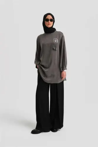 Armine Sequin Flower Appliqué Cupra Tunic 24K4303 Anthracite - 3