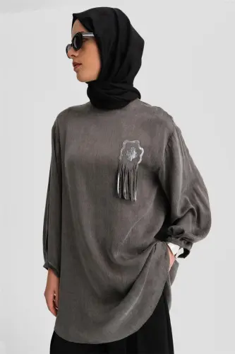 Armine Sequin Flower Appliqué Cupra Tunic 24K4303 Anthracite - 4
