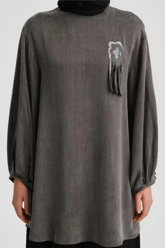 Armine Sequin Flower Appliqué Cupra Tunic 24K4303 Anthracite - 5
