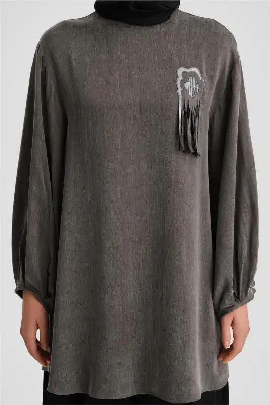 Armine Sequin Flower Appliqué Cupra Tunic 24K4303 Anthracite - 5