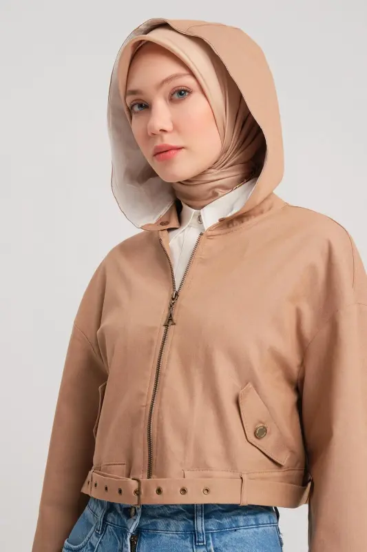Armine Seyyar Kapüşonlu Ve Kemerli Pamuk Ceket 24Y5406 Camel - 4
