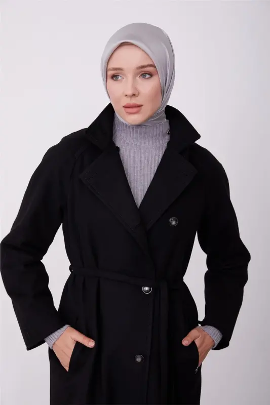 Armine Seyyar Yaka Apoletli Asimmetrik Palto 23K8615 Qora - 2