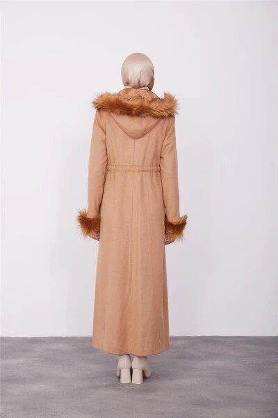 Armine Sleeves and Hooded Fur Coat 23K8617 Camel - 8