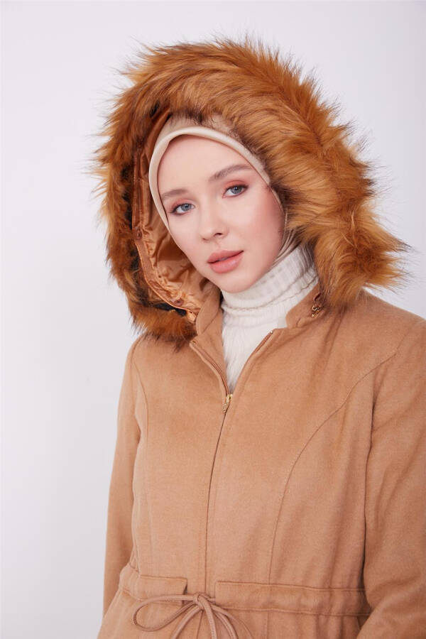 Armine Sleeves and Hooded Fur Coat 23K8617 Camel - 1