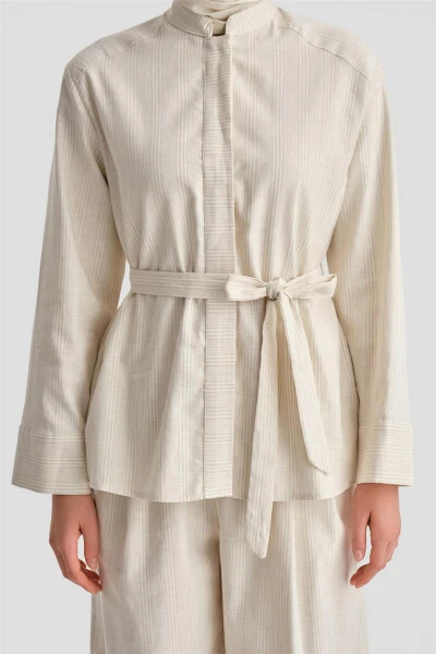 Armine Thick Striped Cotton Suit 24K6853 Light Beige - 4