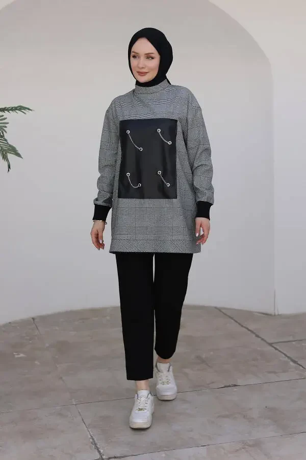 ARMINE TREND Туника с рукавами в ленту с цепочкой, чёрная 24KT467 - 2