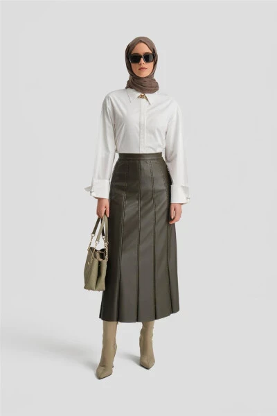 Armine Trok Pleated Leather Skirt 24K1720 Khaki - ARMINE (1)