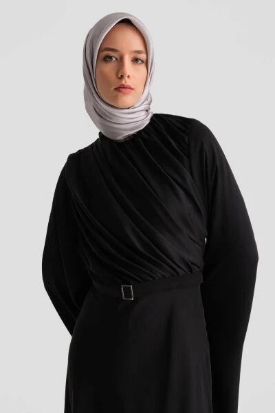 Armine Volanlı Ve Taşlı Kollu Abiye Elbise 24K9912 Siyah - 11