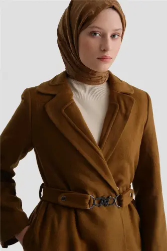 Armine Yakası Kabartmalı Tam Boy Manto 23K8612 Taba - ARMINE (1)