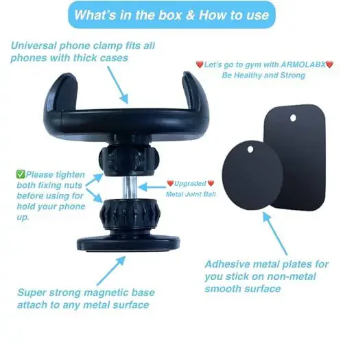 ARMOLABX Gym Magnetic Phone Holder Mount Attach to Metal Surface, [Big Phones & Thick Cases Friendly] Magnetic Phone Holder for Gym Workout Record Compatible with All Smartphones - 8