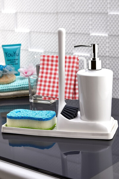 Armona Soft Silicone Brush Countertop Kitchen Bathroom Liquid Soap Dispenser Set Sponge Holder Cloth Set - 7