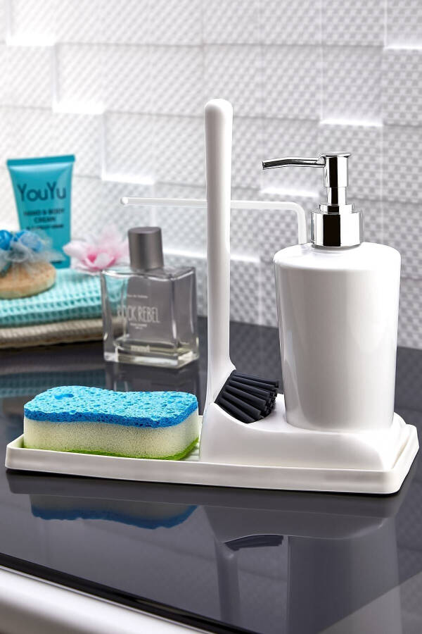 Armona Soft Silicone Brush Countertop Kitchen Bathroom Liquid Soap Dispenser Set Sponge Holder Cloth Set - 8