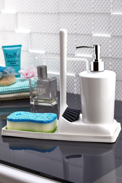 Armona Soft Silicone Brush Countertop Kitchen Bathroom Liquid Soap Dispenser Set Sponge Holder Cloth Set - 2