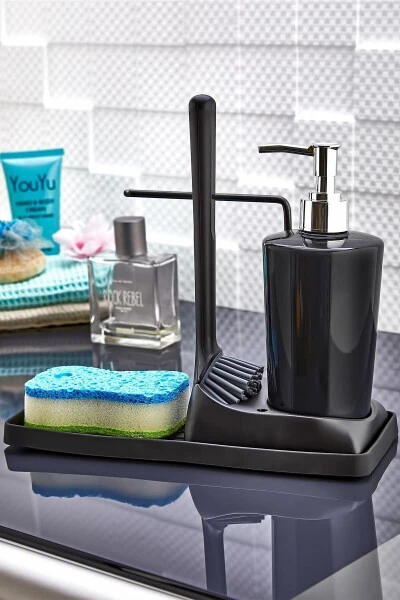 Armona Soft Silicone Brush Countertop Kitchen Bathroom Liquid Soap Dispenser Set Sponge Holder Cloth Set - ATA HOME (1)