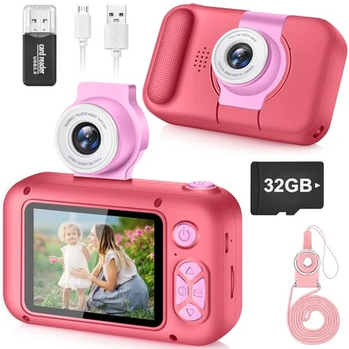 ARNSSIEN Kids Camera, Toddler Kid Digital Camera with 180°Flip Lens & 2.4in IPS Screen, Birthday Festival Gifts Present Toy for 4 5 6 7 8 9 10 11 Year Old Girls/Boys, 32 GB Card Included, X101 - ARNSSIEN