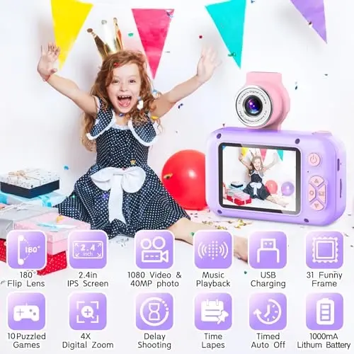 ARNSSIEN Kids Camera, Toddlers Digital Toy Camera with 180° Flip Lens, 2.4 Inch IPS Screen, 32 GB Card, Birthday Festival Present for 3 4 5 6 7 8 9 10 11 12 Year Old Girls & Boys, X101 (Purple) - 2