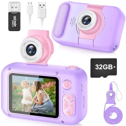 ARNSSIEN Kids Camera, Toddlers Digital Toy Camera with 180° Flip Lens, 2.4 Inch IPS Screen, 32 GB Card, Birthday Festival Present for 3 4 5 6 7 8 9 10 11 12 Year Old Girls & Boys, X101 (Purple) 